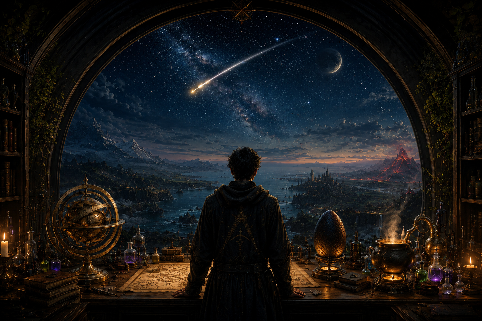 A scholar at his desk observes a distant world through a tall arched window.