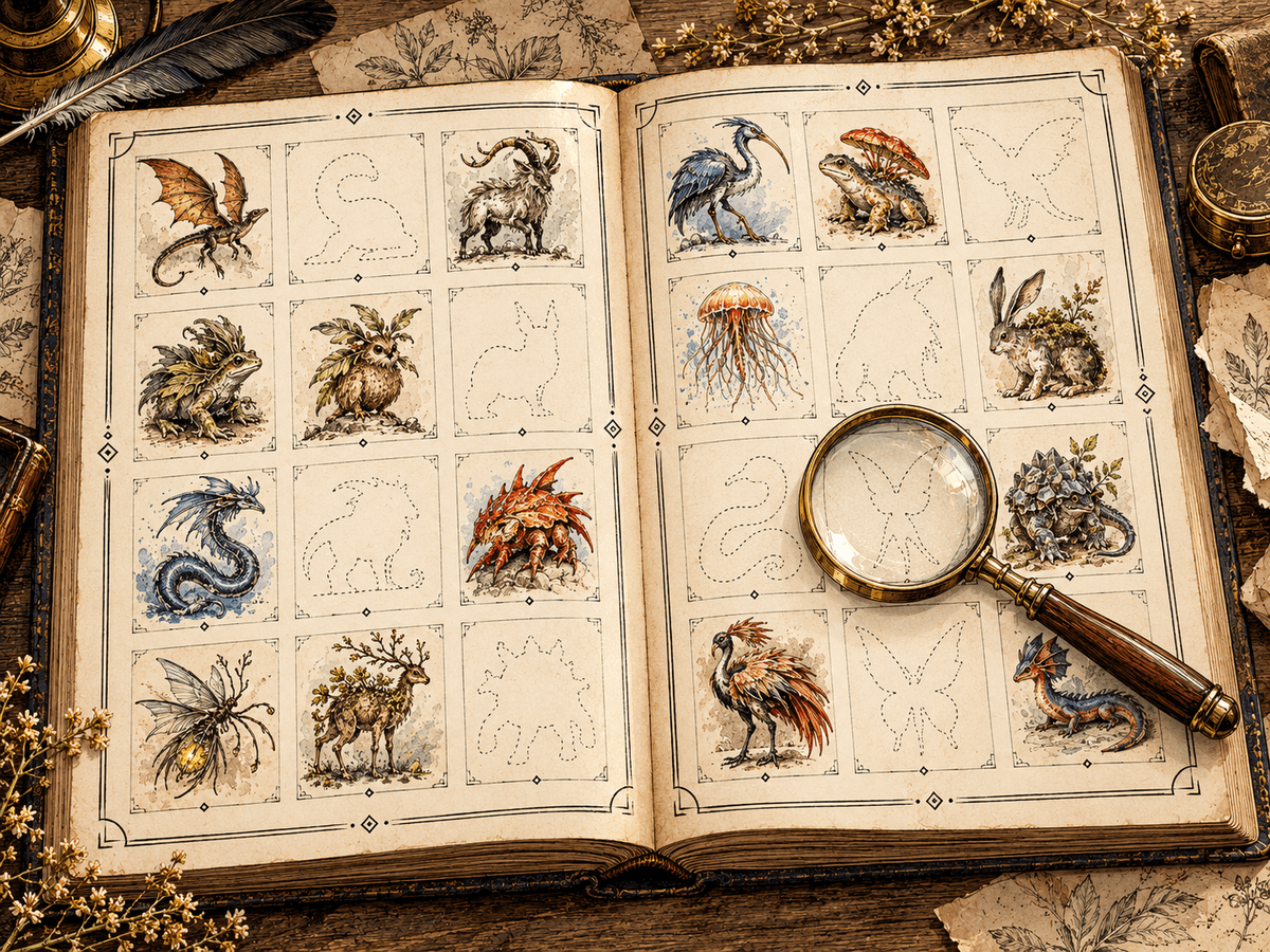 Bestiaire enluminé dont certaines cases de créatures sont encore vides