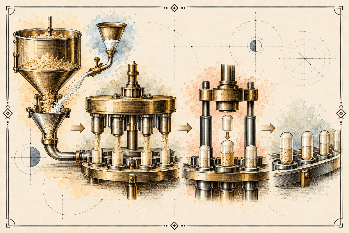 Coupe gravée d'une chaîne d'encapsulation, de la trémie de poudre à la fermeture de la gélule