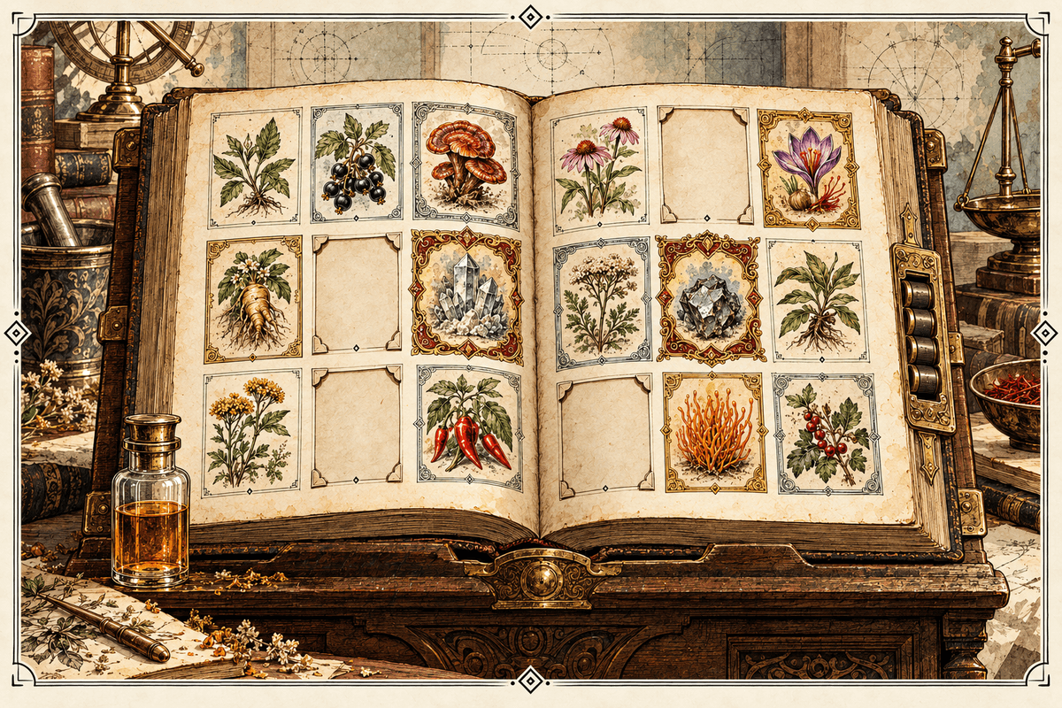 Codex d'apothicaire présentant des cartes aux bordures de rareté croissante et quelques cases vides