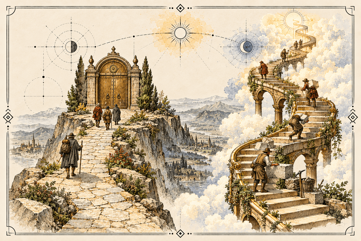 Un chemin fini mène à une porte tandis qu'un escalier sans fin monte dans les nuages