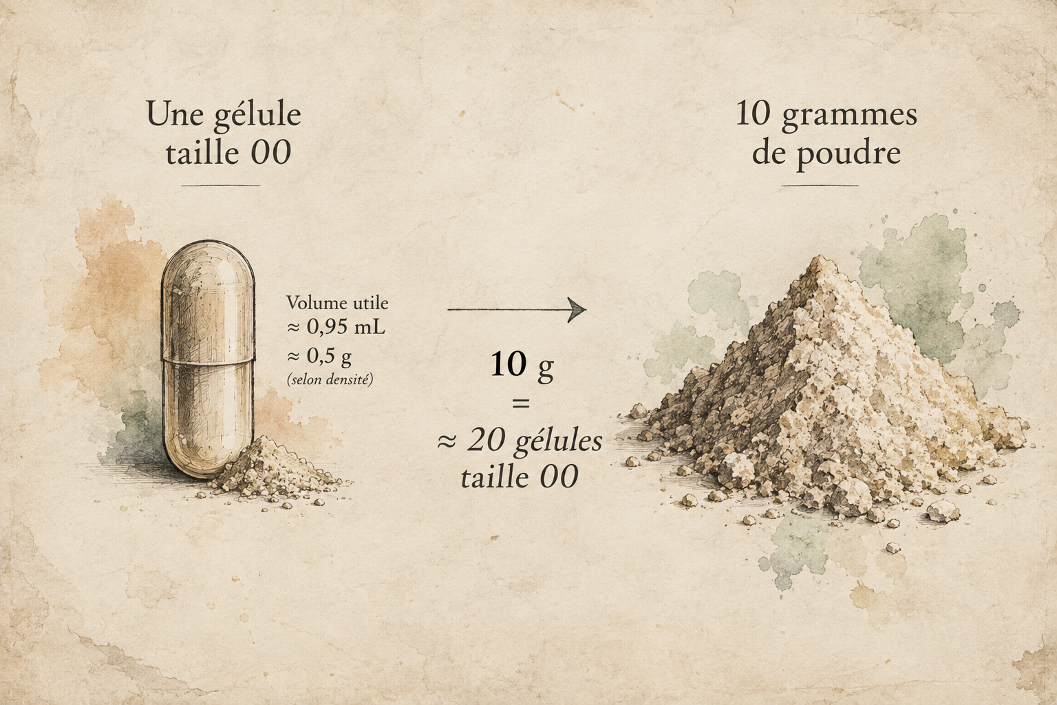 Comparaison illustrée entre une gélule taille 00 d'environ 0,95 millilitre, contenant environ 0,5 gramme selon la densité, et une dose de 10 grammes de poudre, soit environ 20 gélules