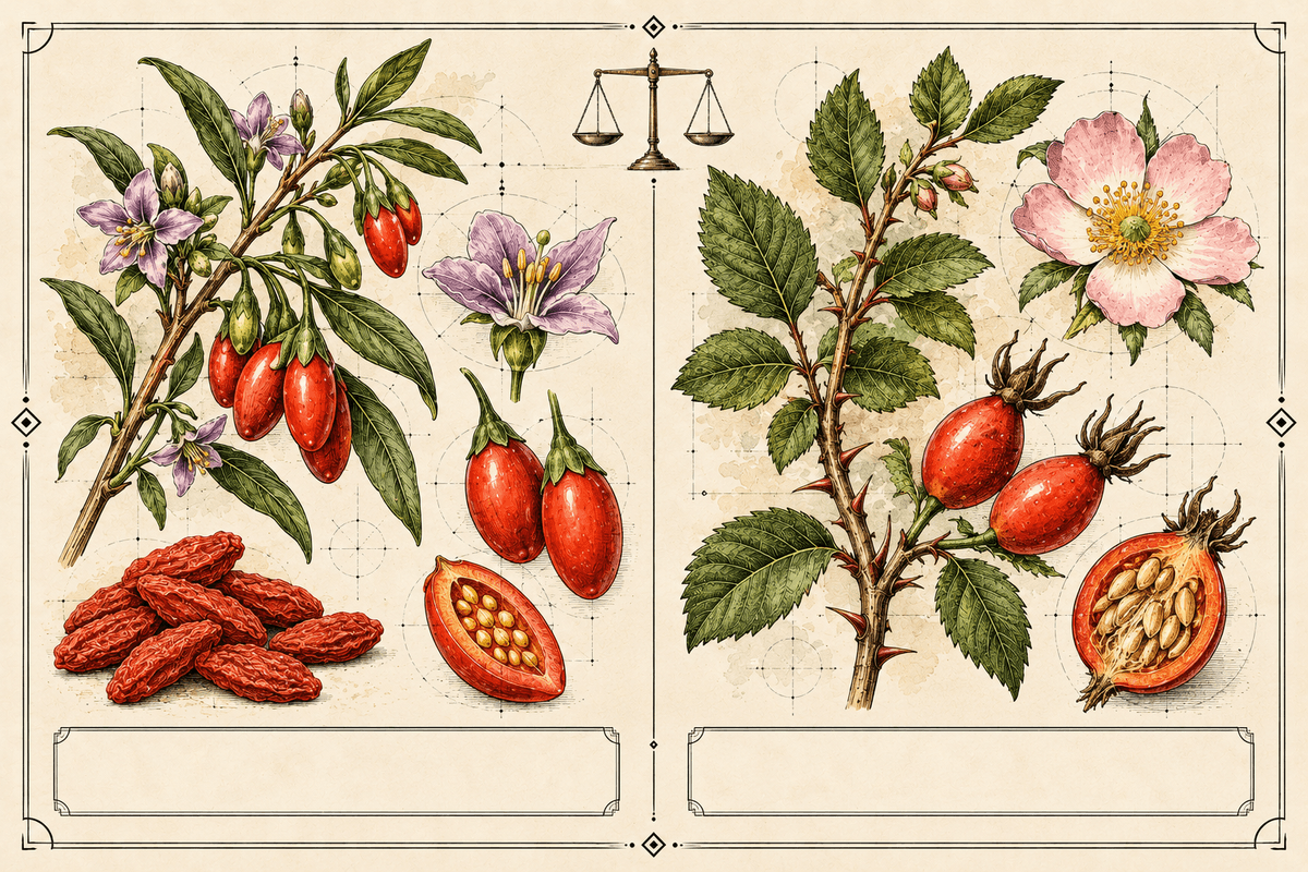 Planche botanique comparant à même échelle le goji et le cynorrhodon
