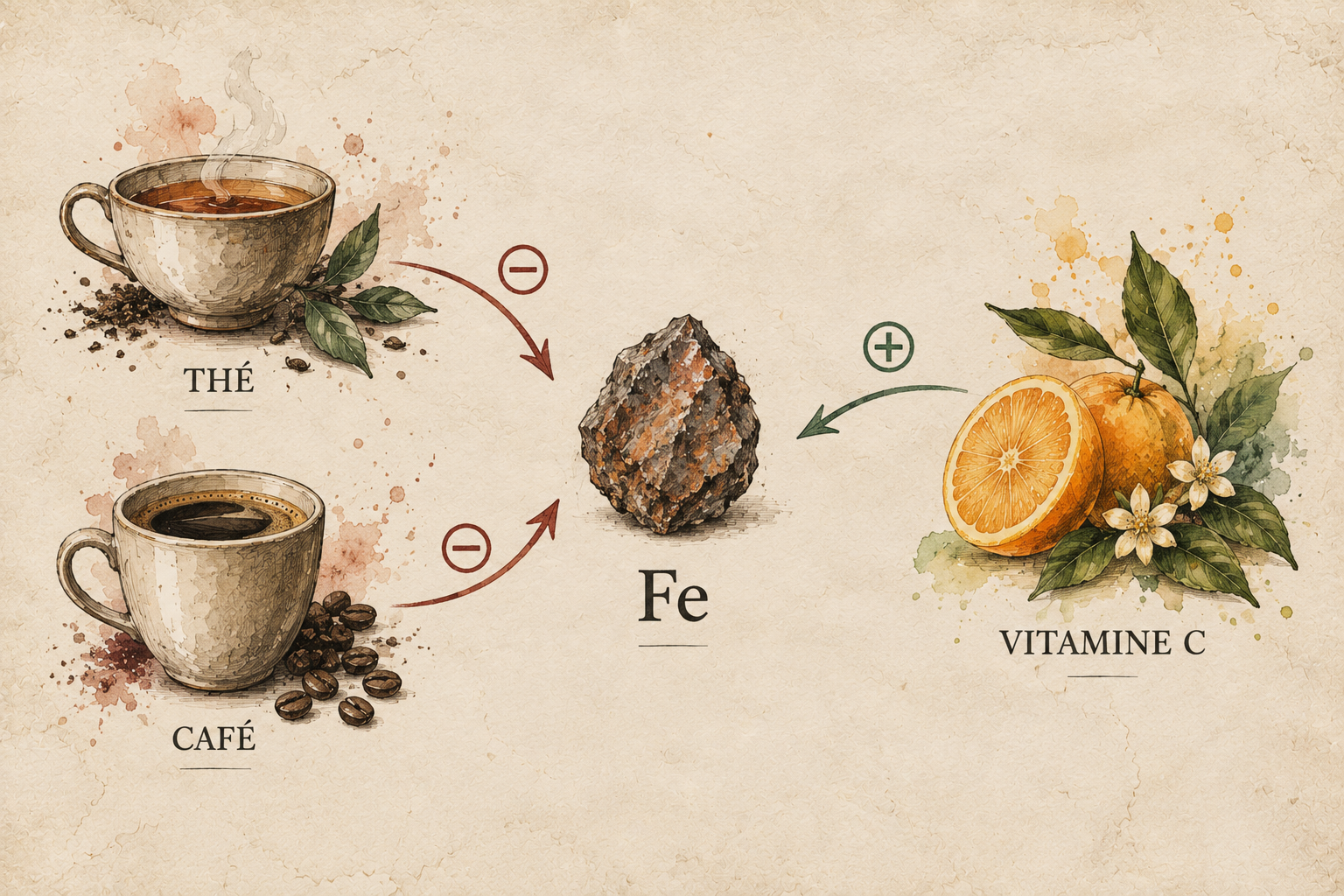 Schéma montrant que le thé et le café peuvent réduire l'absorption du fer non héminique, tandis que la vitamine C peut la favoriser