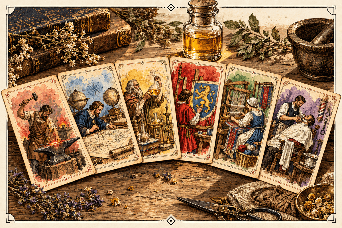 Six cartes chromolithographiées représentant des métiers anciens sur une table d'apothicaire