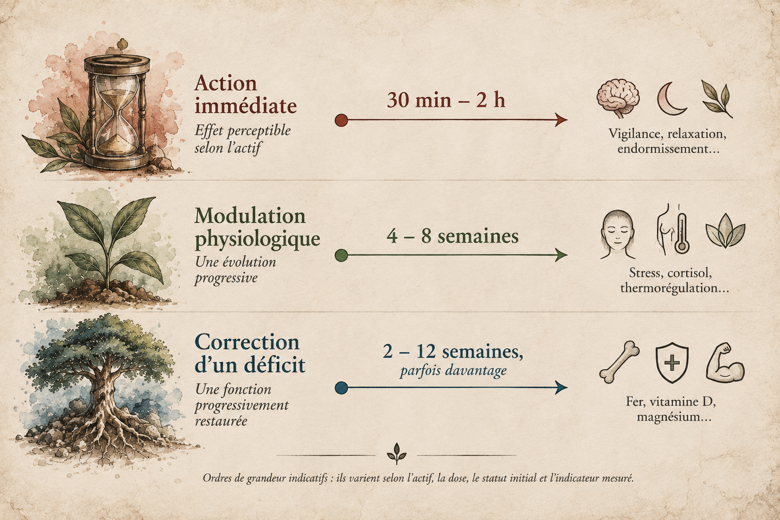 Frise comparant trois temporalités : action immédiate en trente minutes à deux heures, modulation physiologique en quatre à huit semaines et correction d'un déficit en deux à douze semaines ou davantage