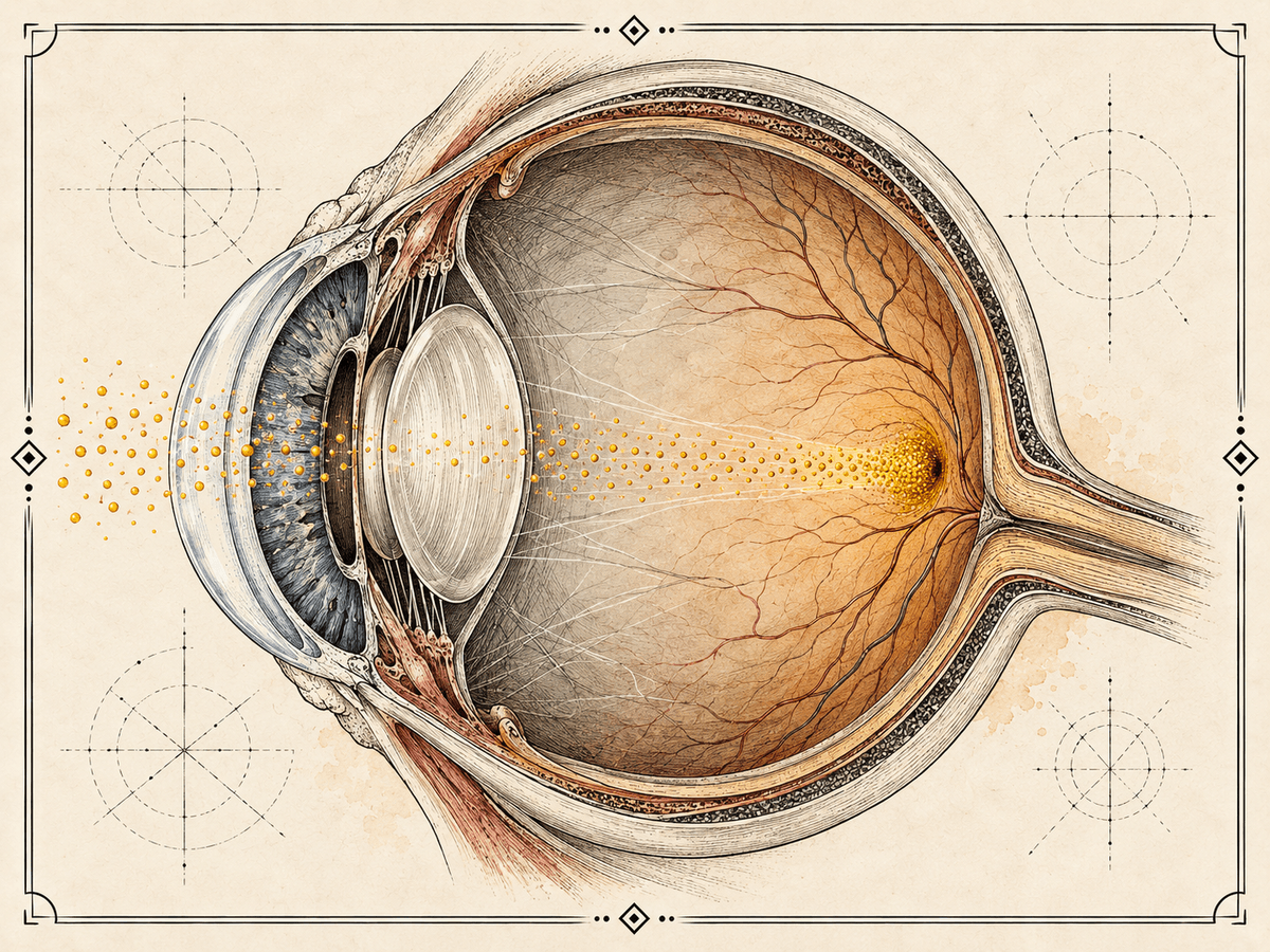 Planche anatomique de l'œil montrant l'accumulation de zéaxanthine dans la macula