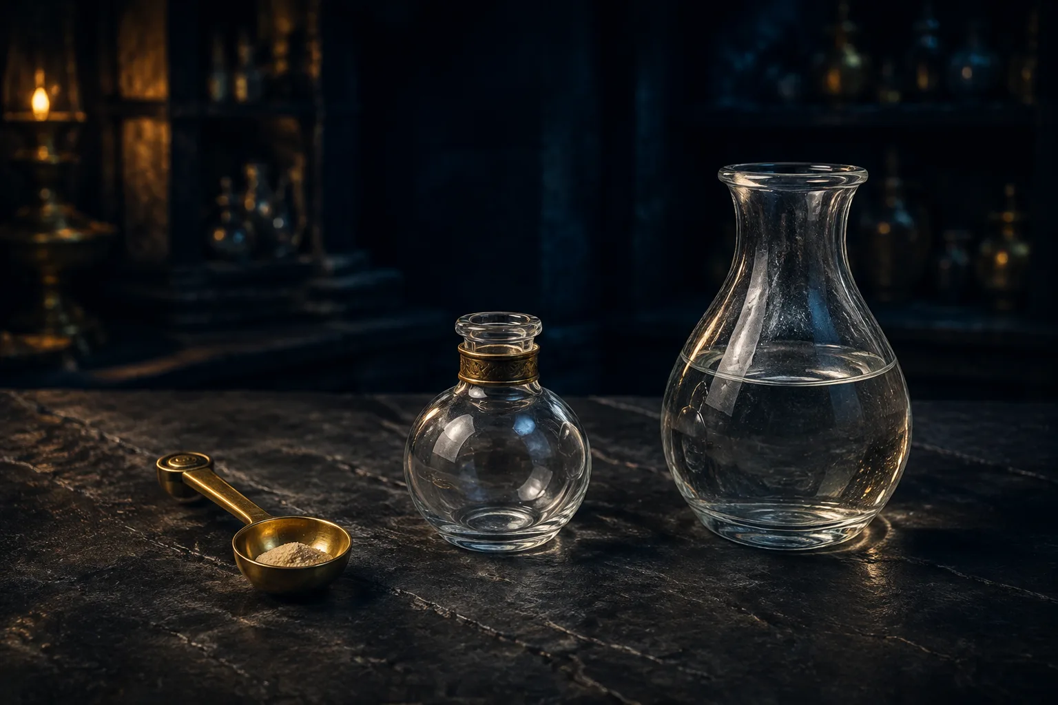 Le matériel du rituel : une cuillère de poudre, une fiole et une carafe d’eau.