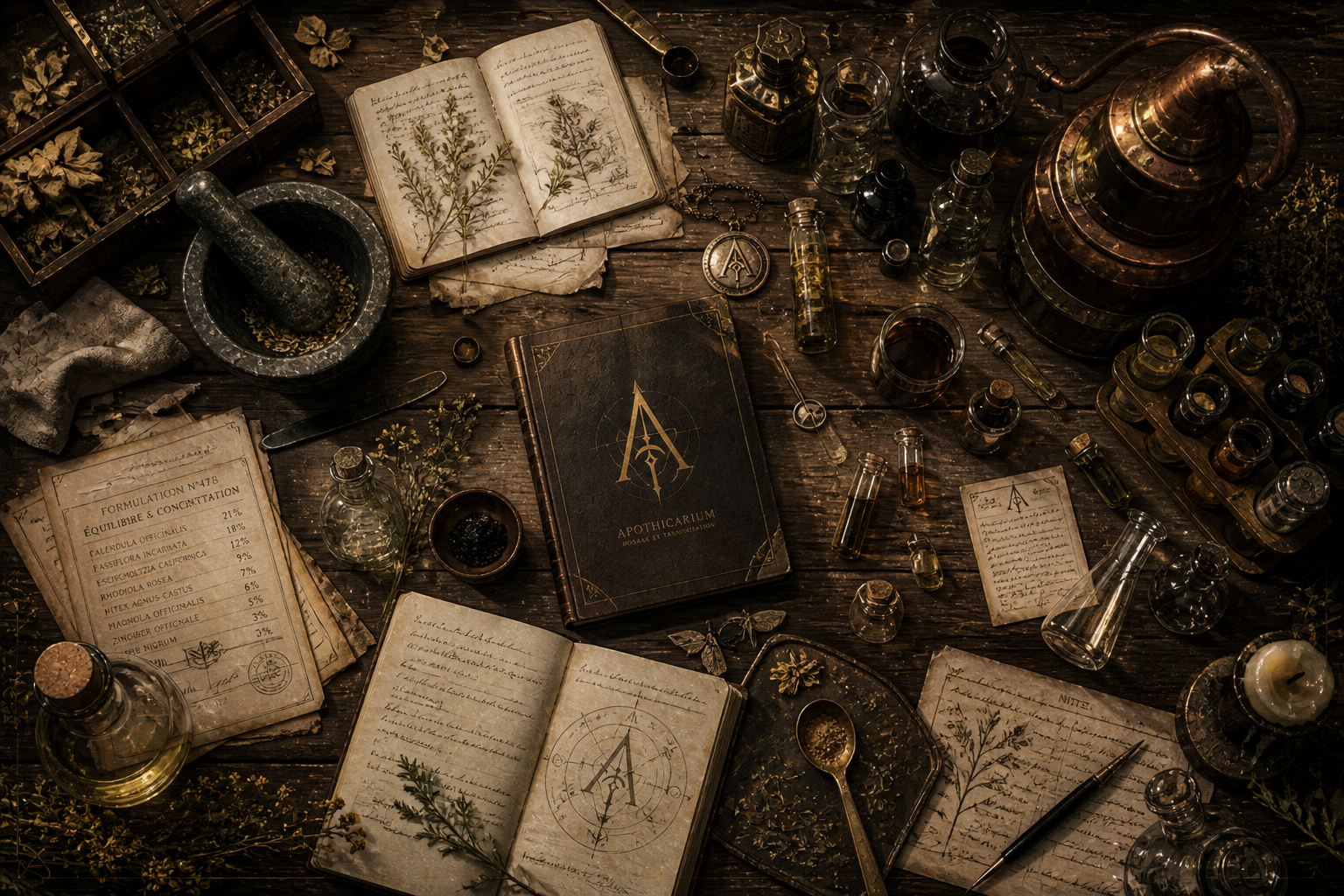 Table d'apothicaire avec grimoires, fioles et notes de formulation